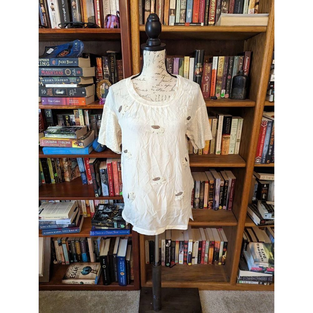 HEATHER ivory silk and knit t shirt with beaded birds sz s euc